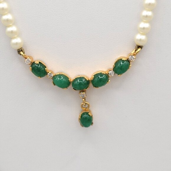 Womens Chalcedony Stone Necklace Imitation Pearls Crystal accent Hook Close - Picture 1 of 8